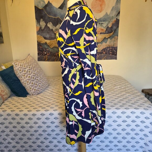 Julie Brown Abstract Print Wrap Dress L Navy Multicolor Collared Long Sleeve - Picture 12 of 16
